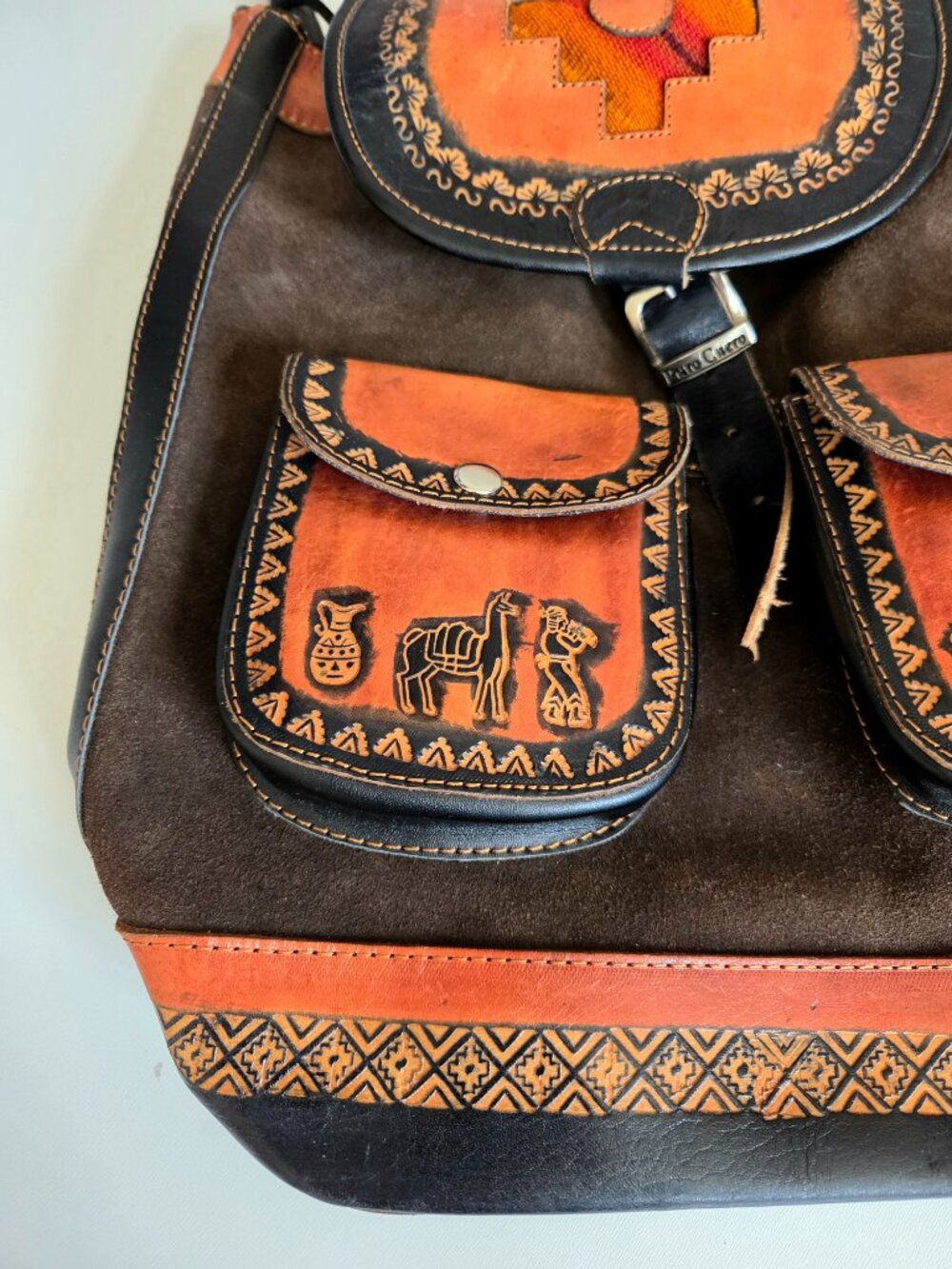 Puro Cuero Handcrafted Peruvian Leather Suede backpack Traditional Geometric - Picture 2 of 7